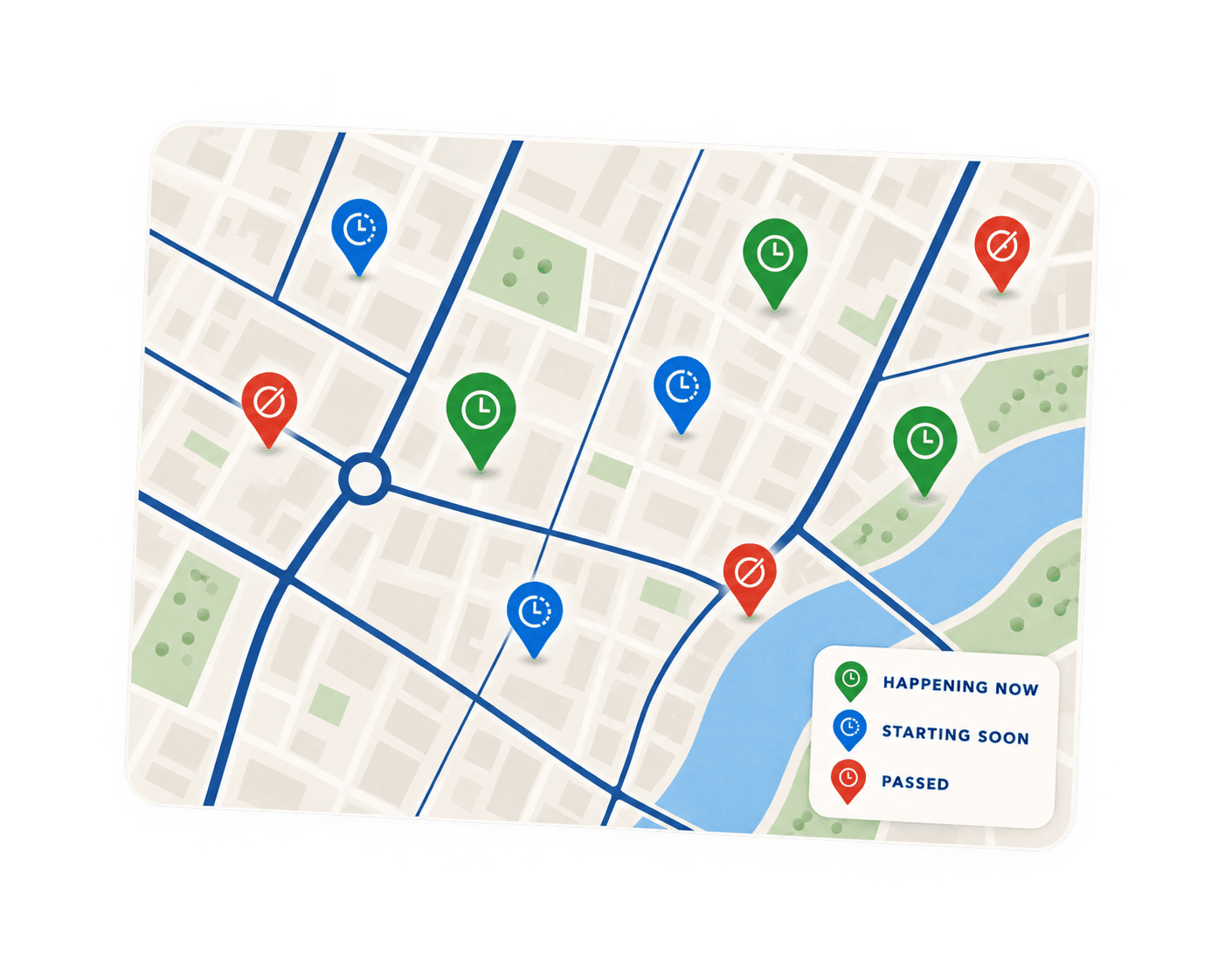 Map showing happy-hour locations happening now, starting soon, and passed